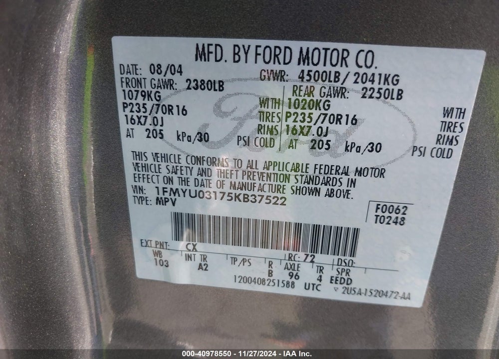 2005 FORD ESCAPE XLT VIN: 1FMYU03175KB37522