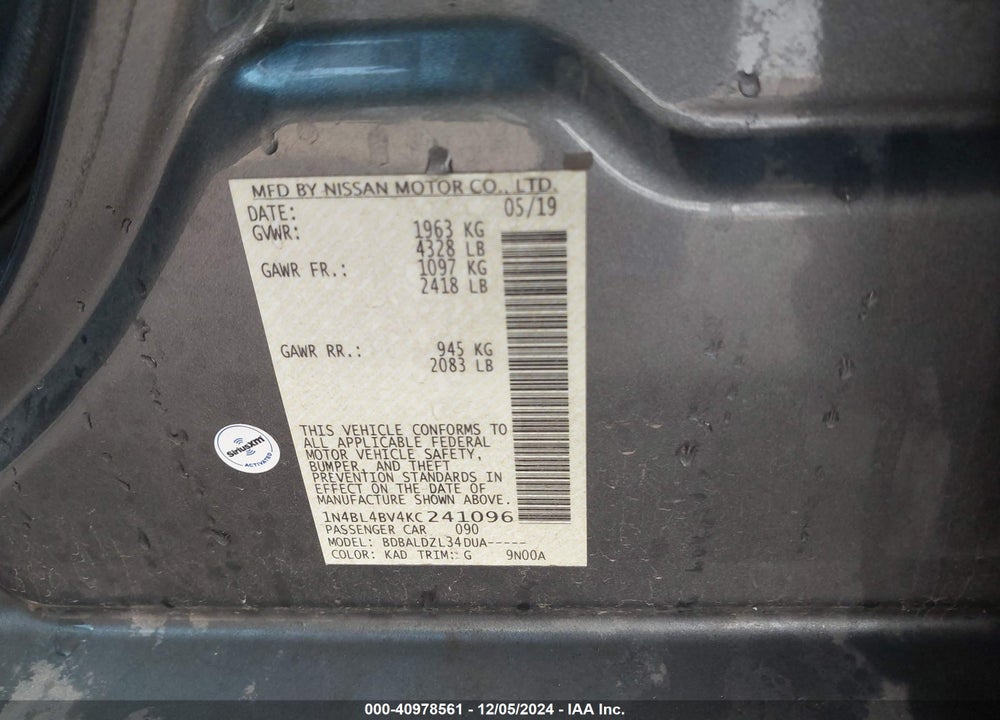 2019 NISSAN ALTIMA 2.5 S VIN: 1N4BL4BV4KC241096