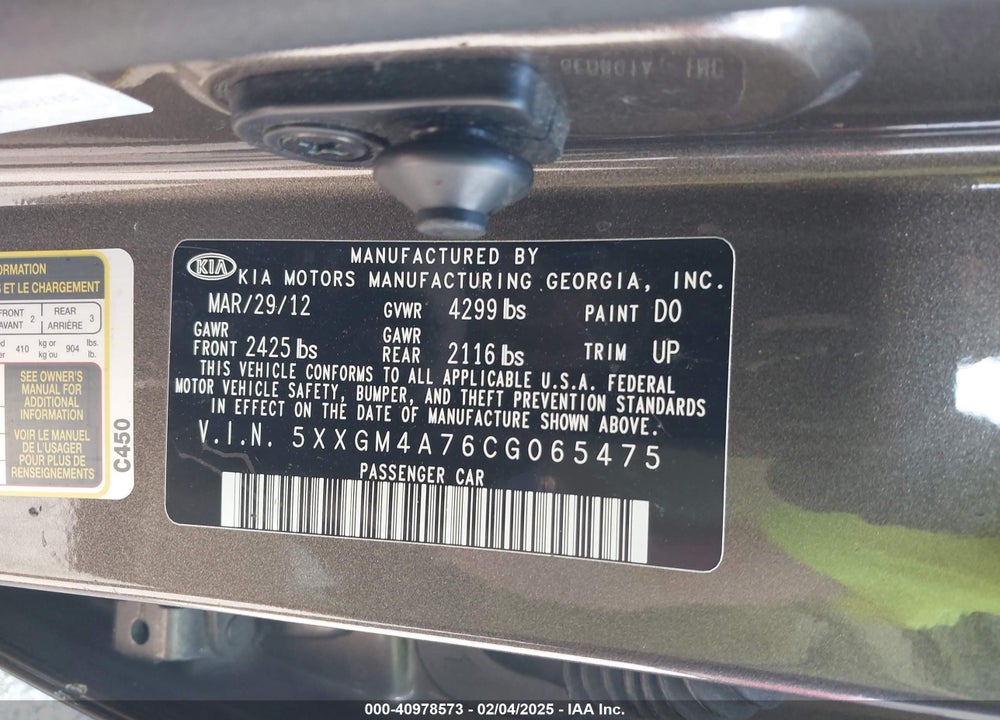 2012 KIA OPTIMA LX VIN: 5XXGM4A76CG065475