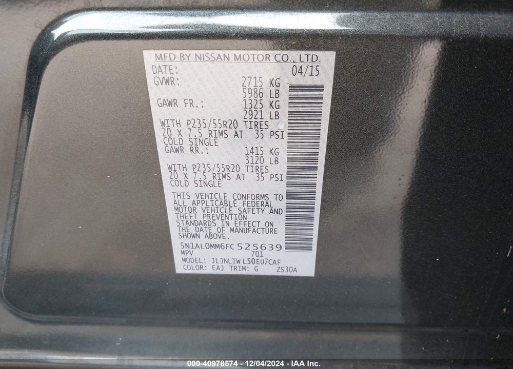 2015 INFINITI QX60 VIN: 5N1AL0MM6FC525639