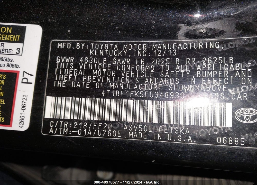 2014 TOYOTA CAMRY SE VIN: 4T1BF1FK5EU348930