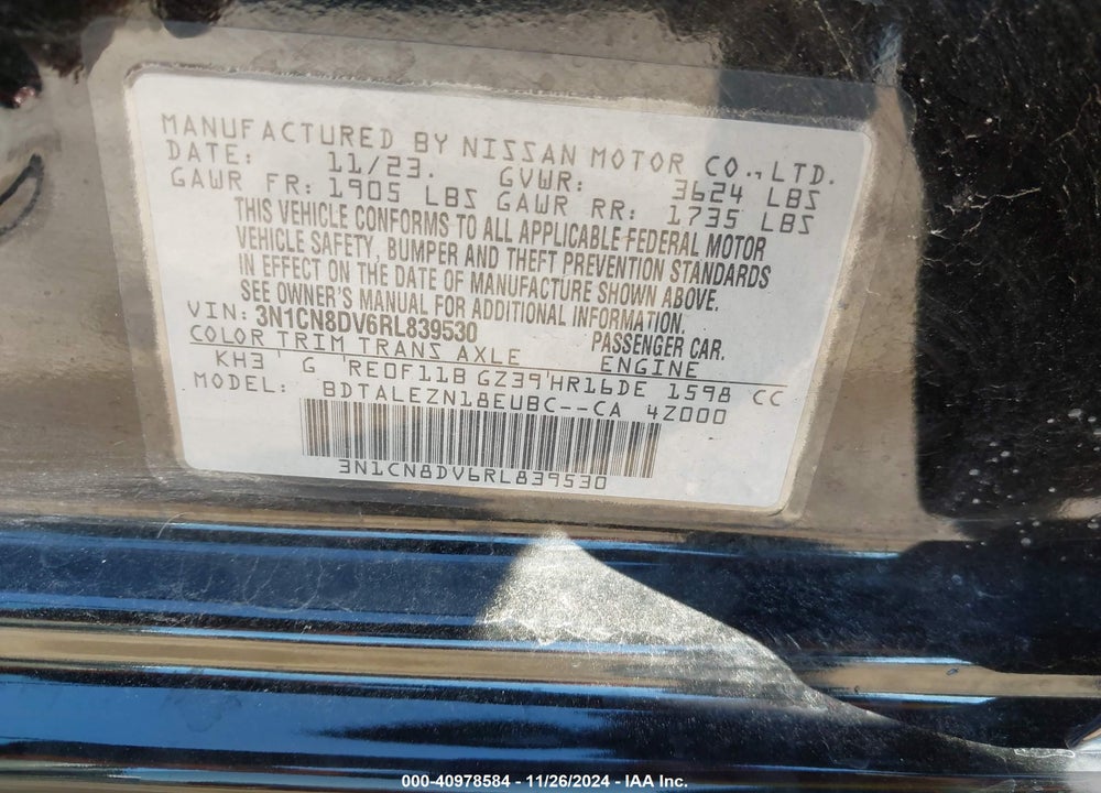 2024 NISSAN VERSA 1.6 S+ VIN: 3N1CN8DV6RL839530