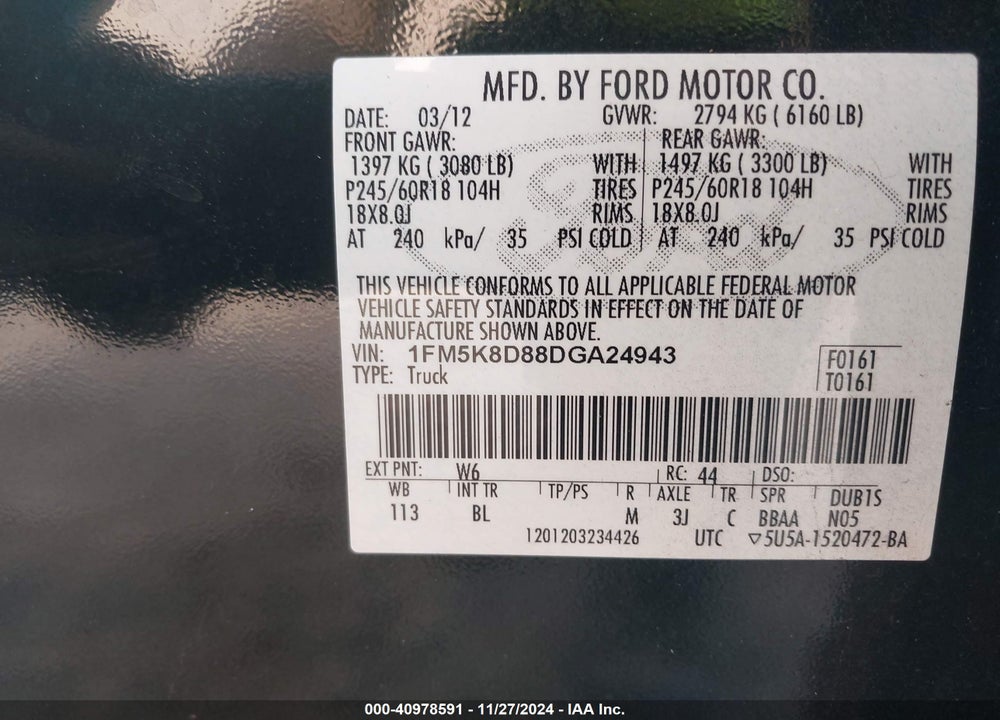 2013 FORD EXPLORER VIN: 1FM5K8D88DGA24943