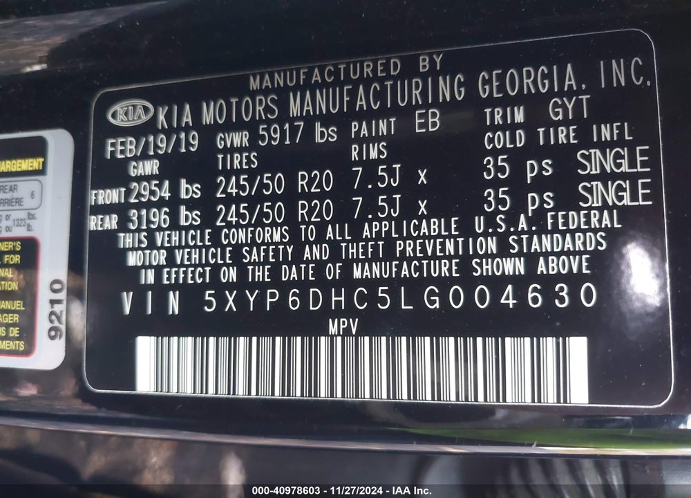 2020 KIA TELLURIDE S VIN: 5XYP6DHC5LG004630