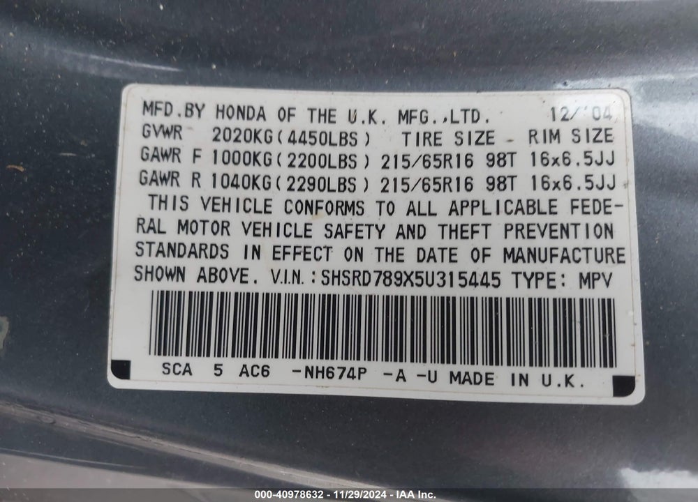 2005 HONDA CR-V SE VIN: SHSRD789X5U315445