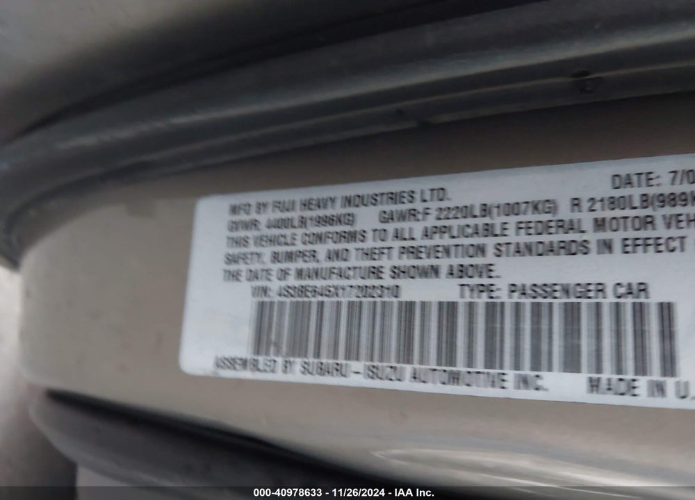 2001 SUBARU LEGACY GT VIN: 4S3BE645X17202310