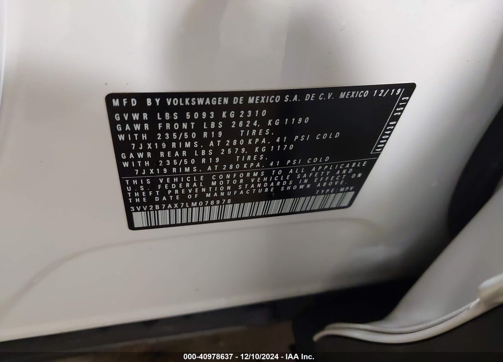 2020 VOLKSWAGEN TIGUAN 2.0T SE/2.0T SE R-LINE BLACK/2.0T SEL VIN: 3VV2B7AX7LM078978