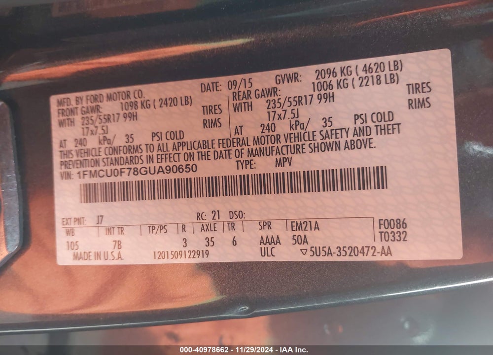 2016 FORD ESCAPE S VIN: 1FMCU0F78GUA90650