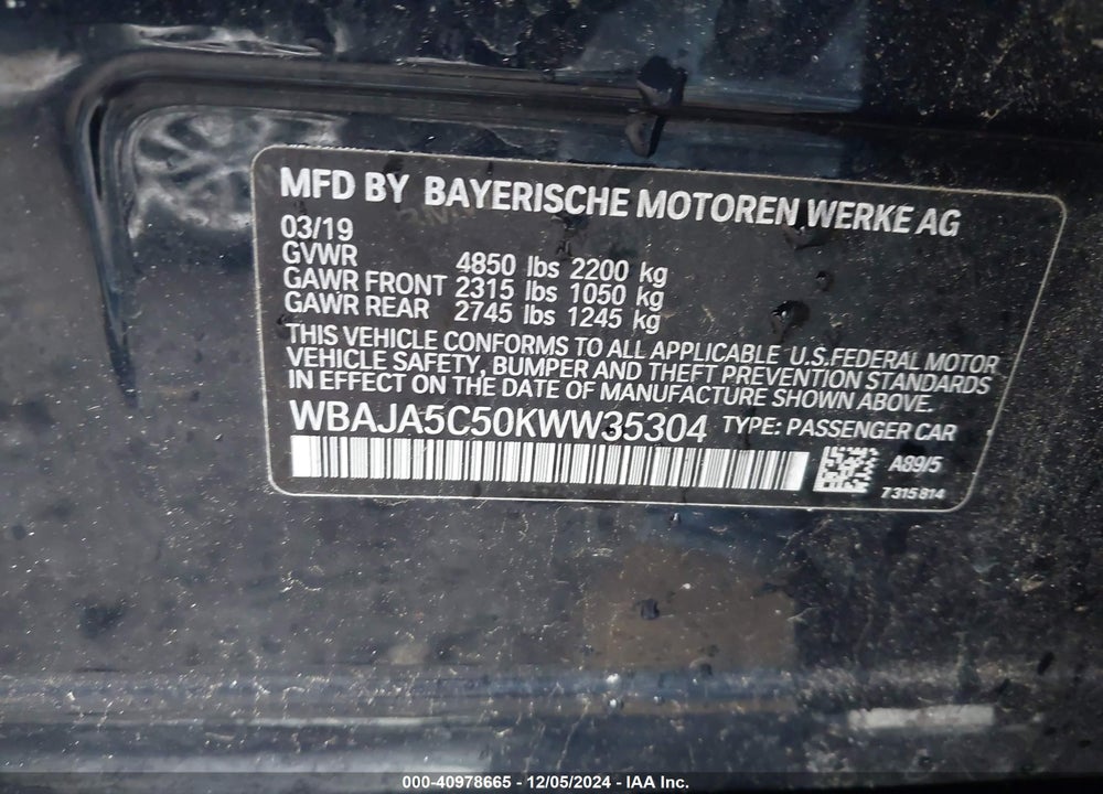 2019 BMW 530I VIN: WBAJA5C50KWW35304