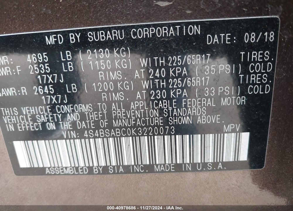 2019 SUBARU OUTBACK 2.5I VIN: 4S4BSABC0K3220073