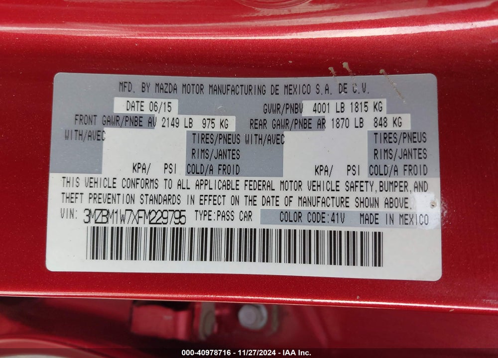 2015 MAZDA 3 I GRAND TOURING VIN: 3MZBM1W7XFM229795