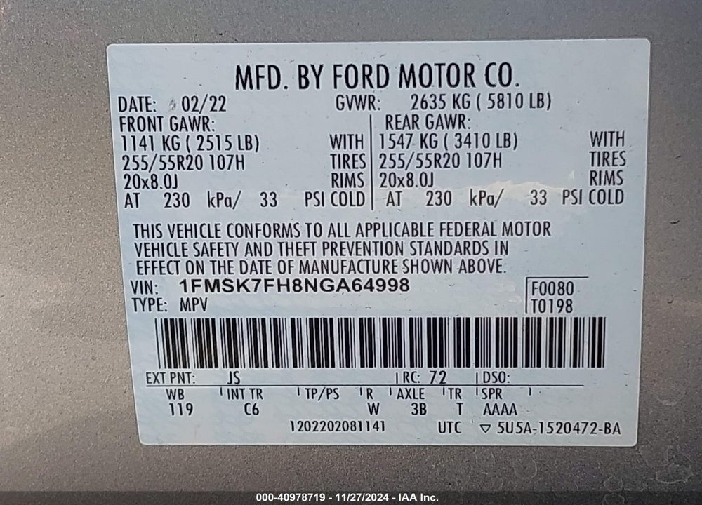 2022 FORD EXPLORER LIMITED VIN: 1FMSK7FH8NGA64998