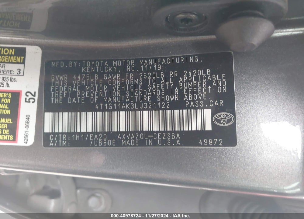 2020 TOYOTA CAMRY SE VIN: 4T1G11AK3LU321122