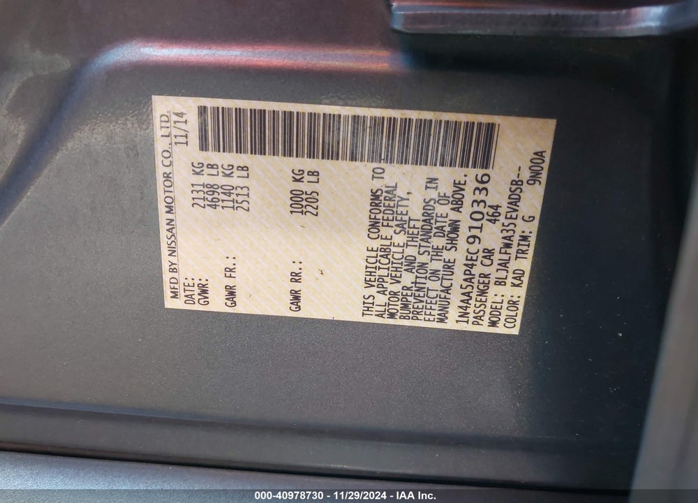 2014 NISSAN MAXIMA 3.5 SV VIN: 1N4AA5AP4EC910336