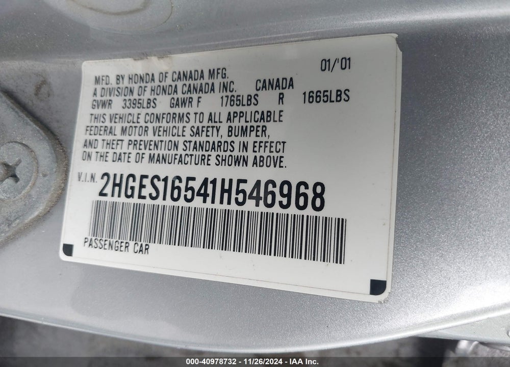 2001 HONDA CIVIC LX VIN: 2HGES16541H546968