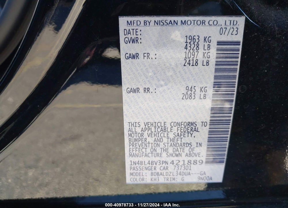 2023 NISSAN ALTIMA S FWD VIN: 1N4BL4BV3PN421889