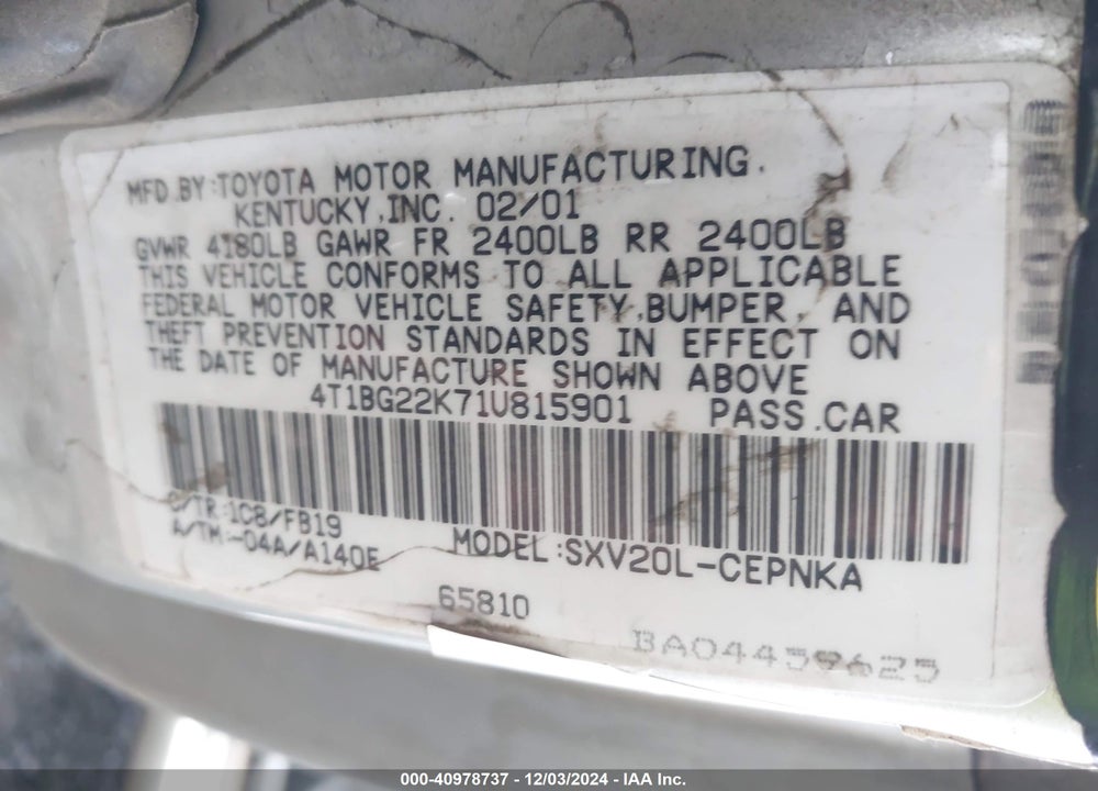 2001 TOYOTA CAMRY LE VIN: 4T1BG22K71U815901