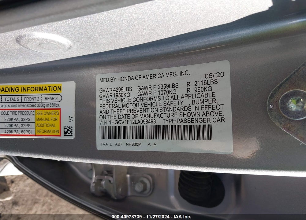 2020 HONDA ACCORD LX VIN: 1HGCV1F12LA098498