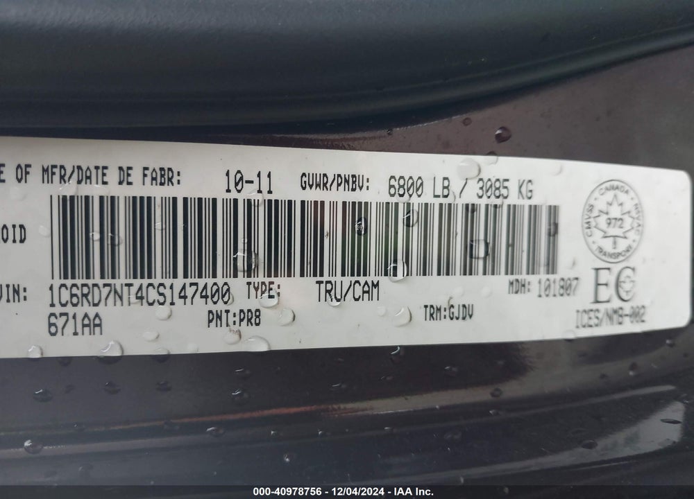 2012 RAM 1500 LAIE VIN: 1C6RD7NT4CS147400
