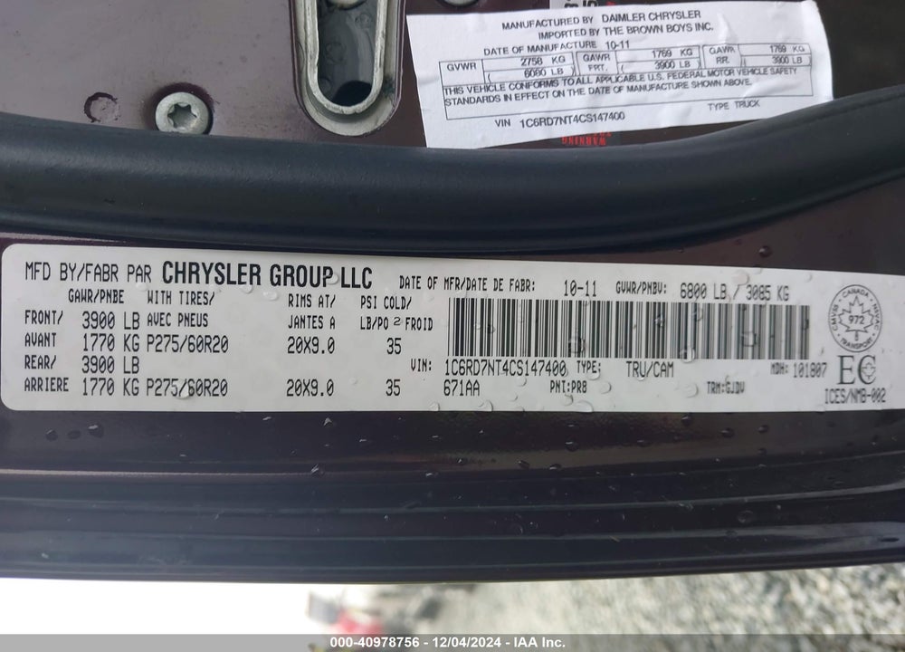 2012 RAM 1500 LAIE VIN: 1C6RD7NT4CS147400