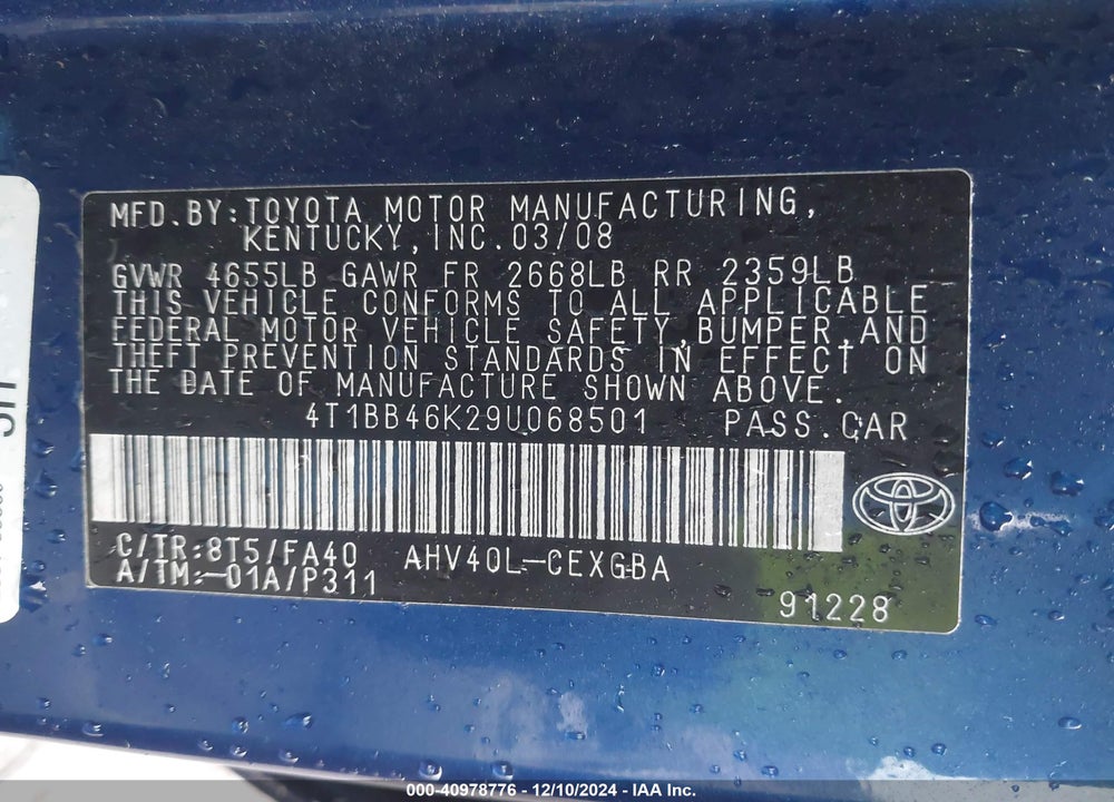 2009 TOYOTA CAMRY HYBRID VIN: 4T1BB46K29U068501