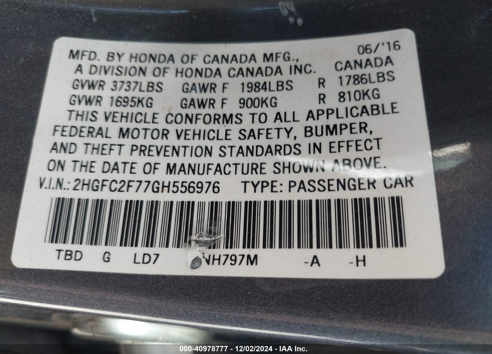 2016 HONDA CIVIC EX VIN: 2HGFC2F77GH556976