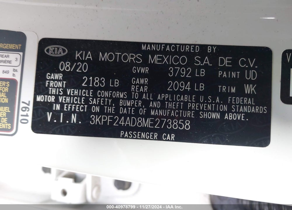 2021 KIA FORTE VIN: 3KPF24AD8ME273858