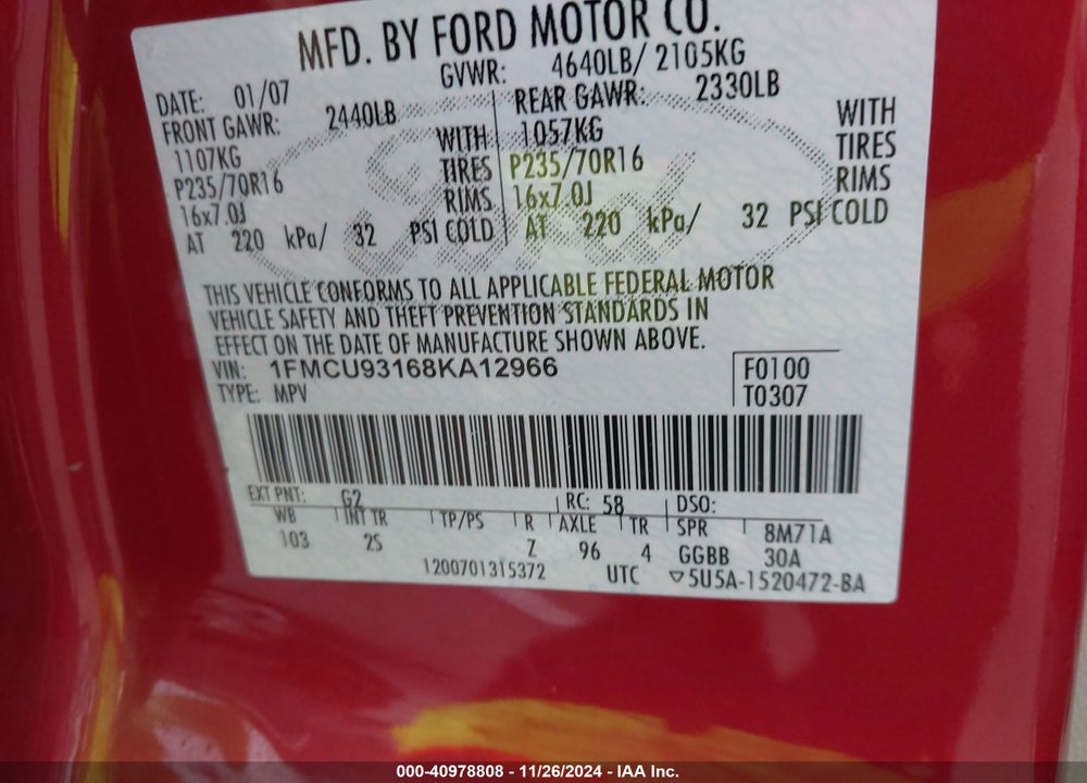 2008 FORD ESCAPE XLT VIN: 1FMCU93168KA12966