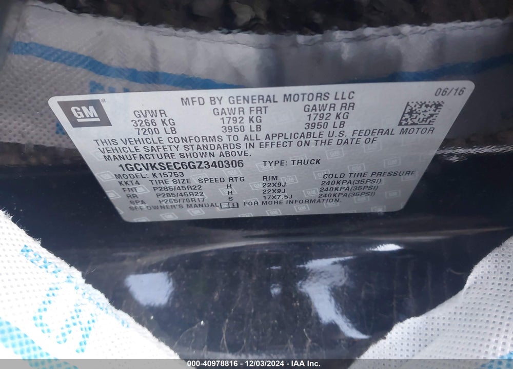 2016 CHEVROLET SILVERADO 1500 2LZ VIN: 1GCVKSEC6GZ340306