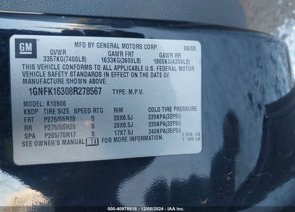 2008 CHEVROLET SUBURBAN 1500 LT VIN: 1GNFK16308R278567