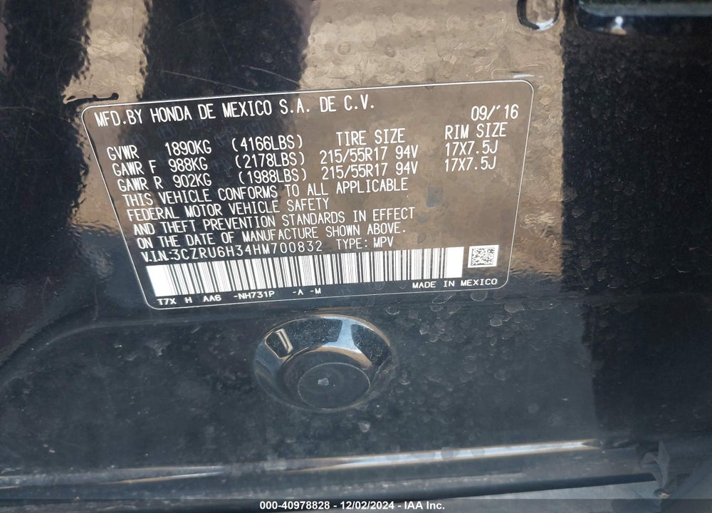 2017 HONDA HR-V LX VIN: 3CZRU6H34HM700832