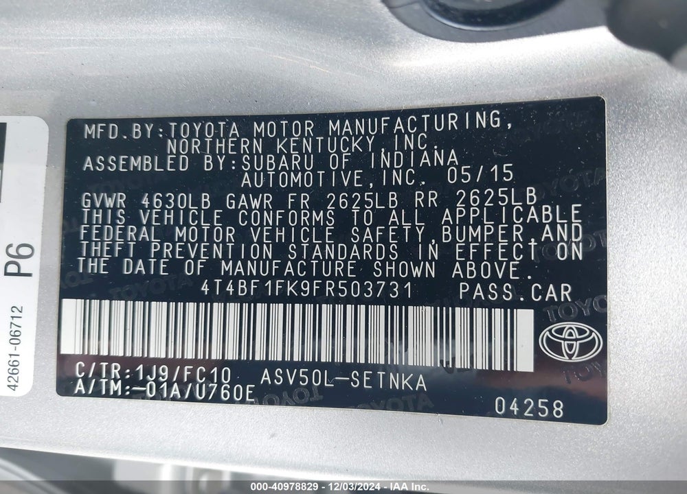 2015 TOYOTA CAMRY LE VIN: 4T4BF1FK9FR503731