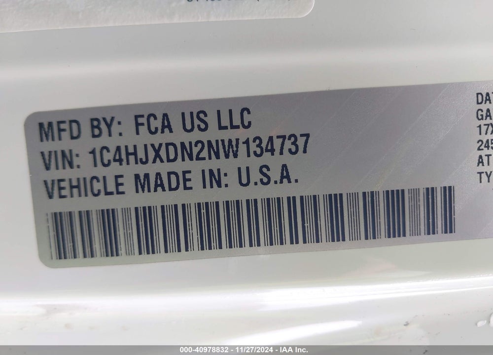 2022 JEEP WRANGLER UNLIMITED SPORT S 4X4 VIN: 1C4HJXDN2NW134737