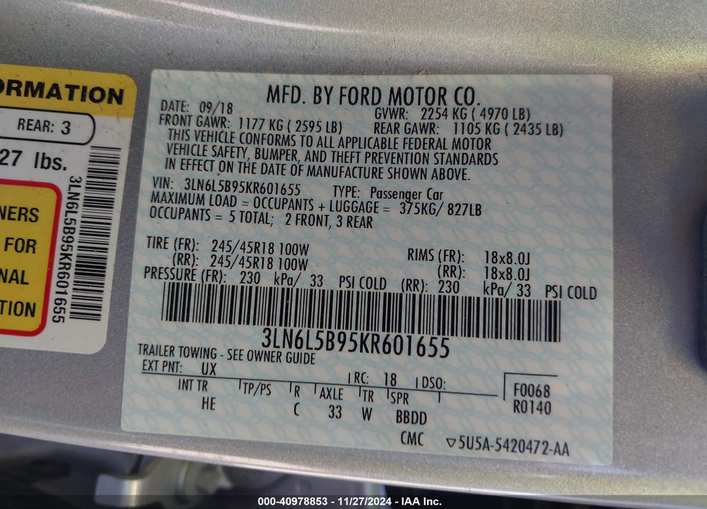 2019 LINCOLN MKZ STANDARD VIN: 3LN6L5B95KR601655