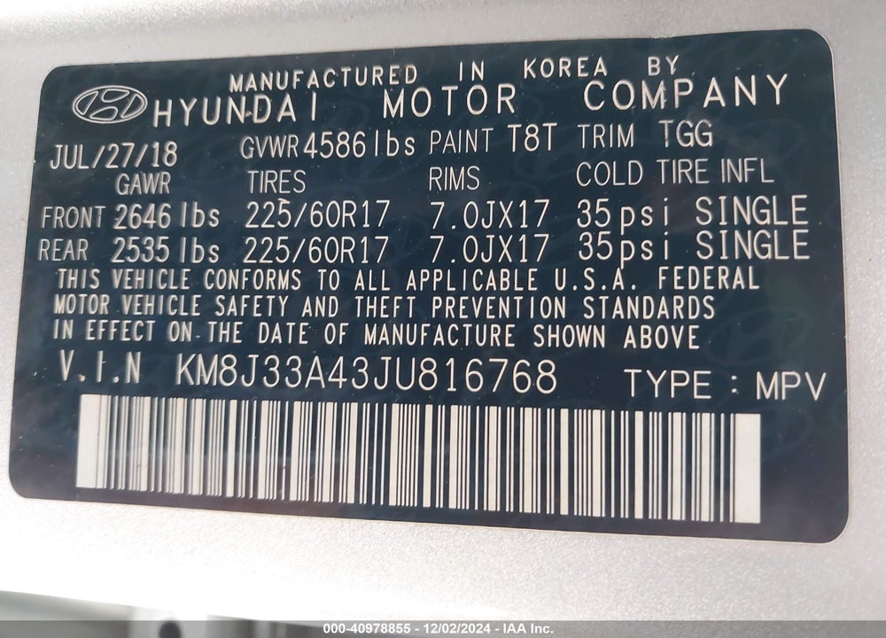 2018 HYUNDAI TUCSON SEL VIN: KM8J33A43JU816768