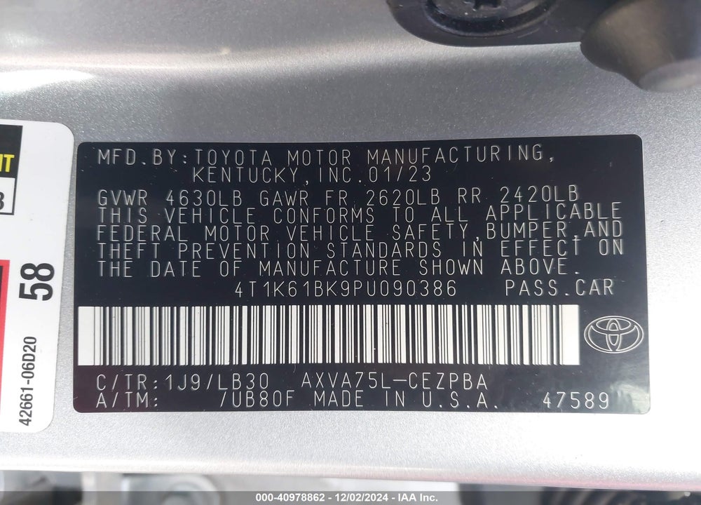 2023 TOYOTA CAMRY XSE AWD VIN: 4T1K61BK9PU090386