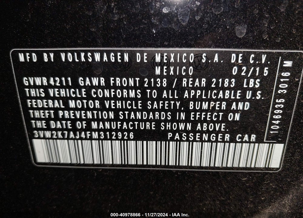 2015 VOLKSWAGEN JETTA 2.0L S VIN: 3VW2K7AJ4FM312926