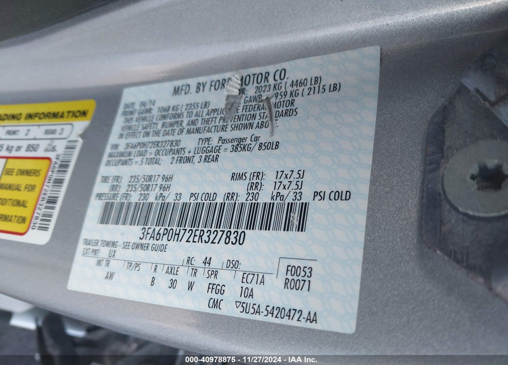 2014 FORD FUSION VIN: 3FA6P0H72ER327830