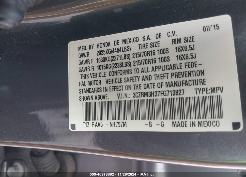 2015 HONDA CR-V LX VIN: 3CZRM3H37FG713827