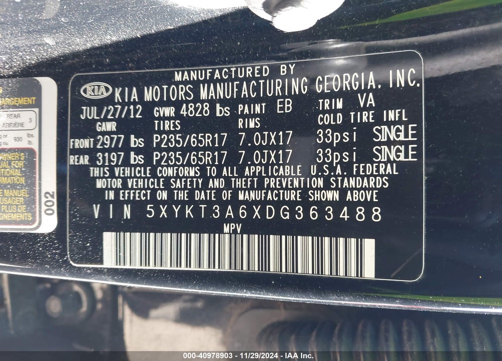 2013 KIA SORENTO LX VIN: 5XYKT3A6XDG363488
