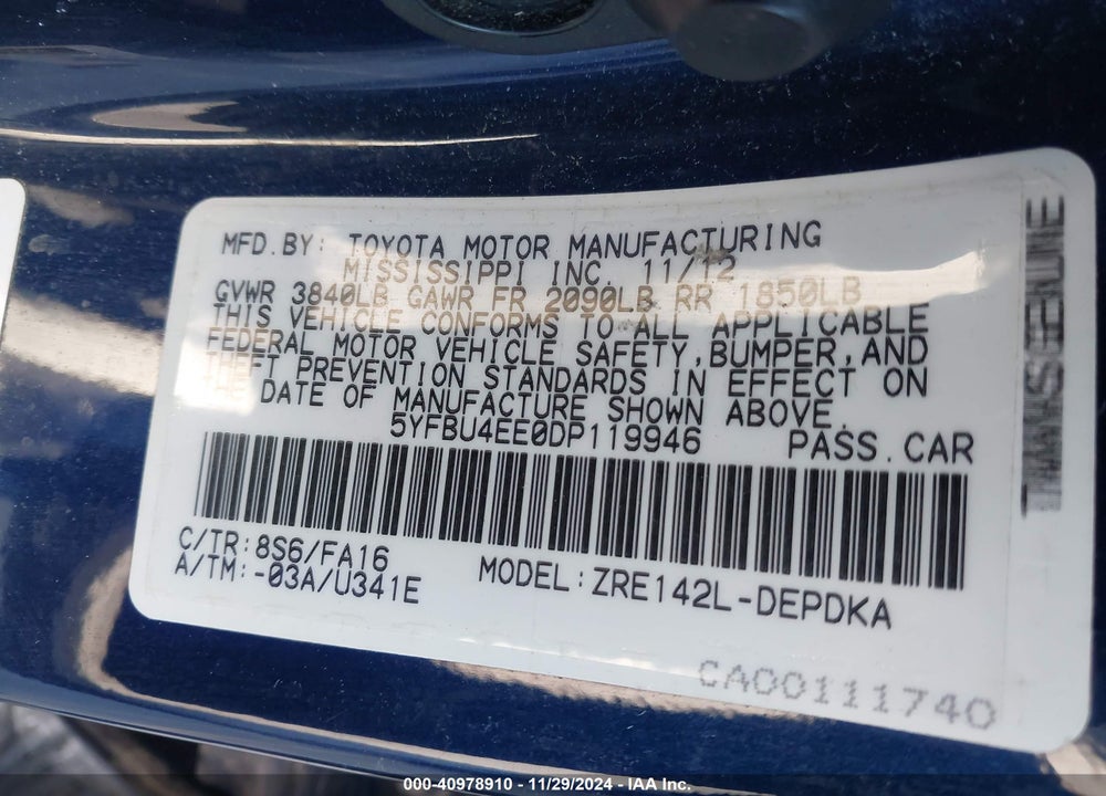 2013 TOYOTA COROLLA L VIN: 5YFBU4EE0DP119946