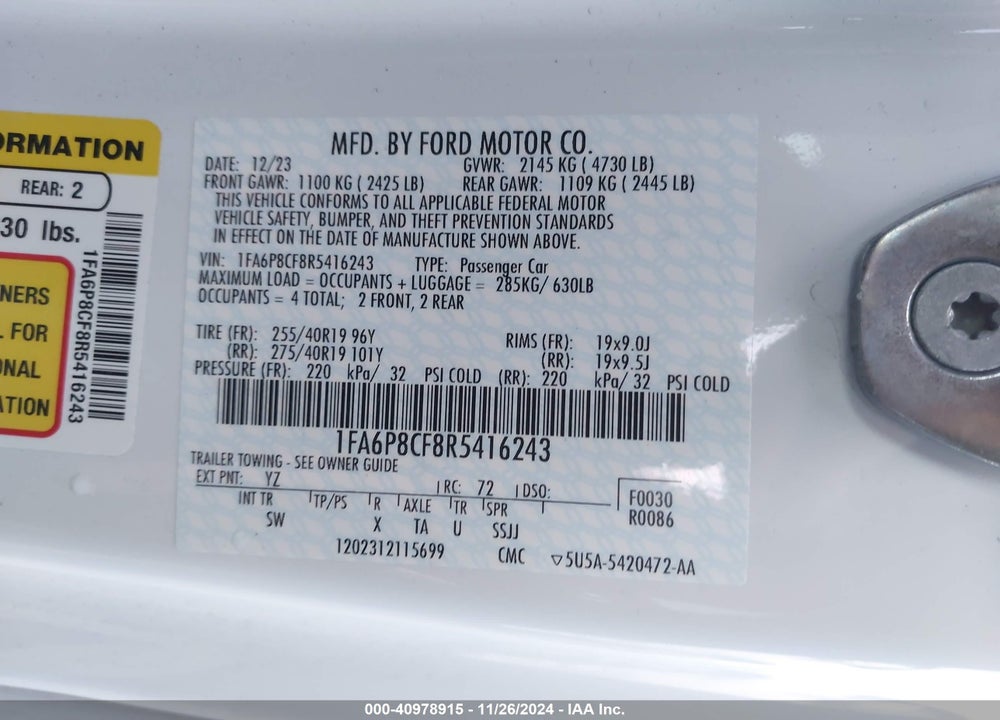 2024 FORD MUSTANG GT PREMIUM VIN: 1FA6P8CF8R5416243