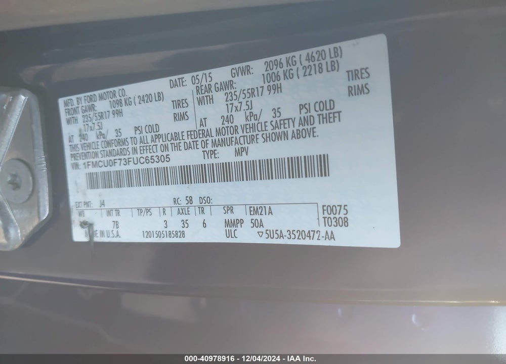 2015 FORD ESCAPE S VIN: 1FMCU0F73FUC65305