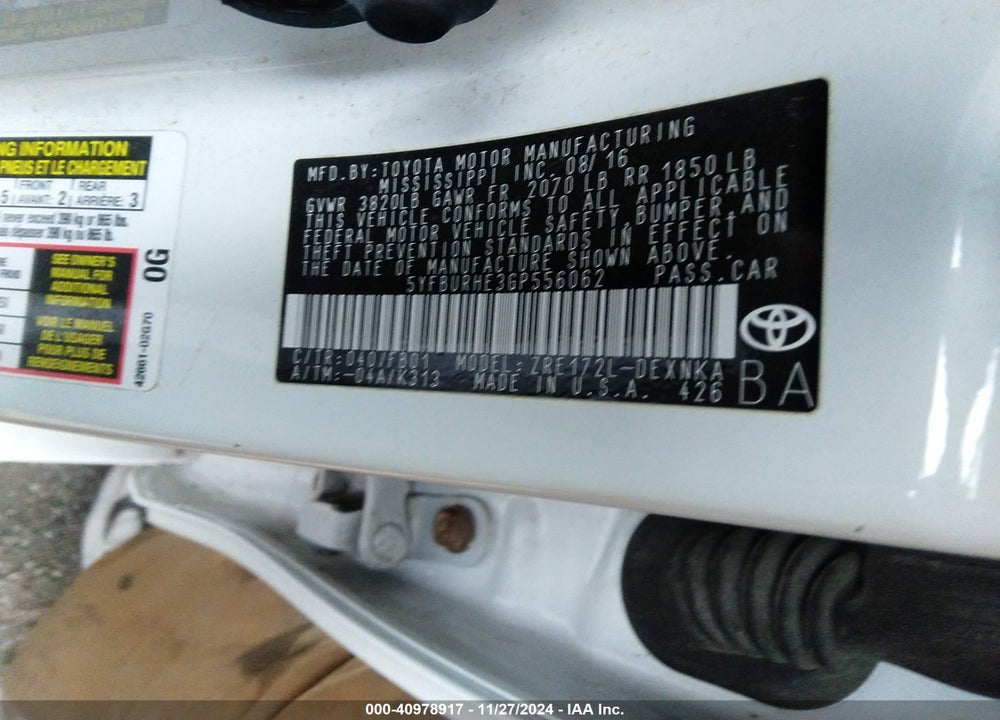 2016 TOYOTA COROLLA LE PLUS VIN: 5YFBURHE3GP556062