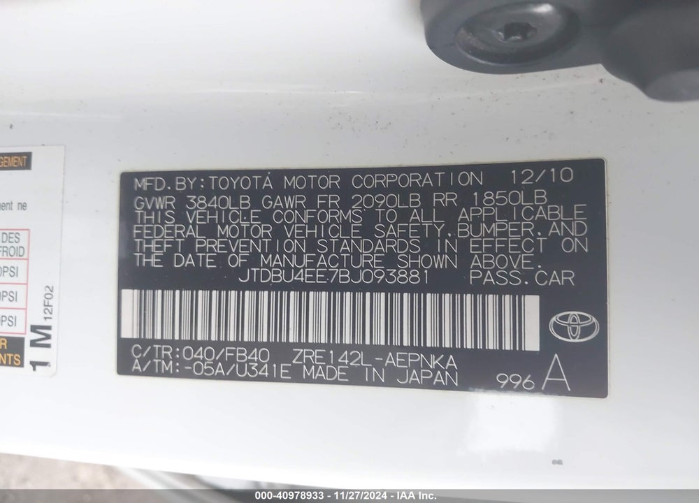 2011 TOYOTA COROLLA LE VIN: JTDBU4EE7BJ093881
