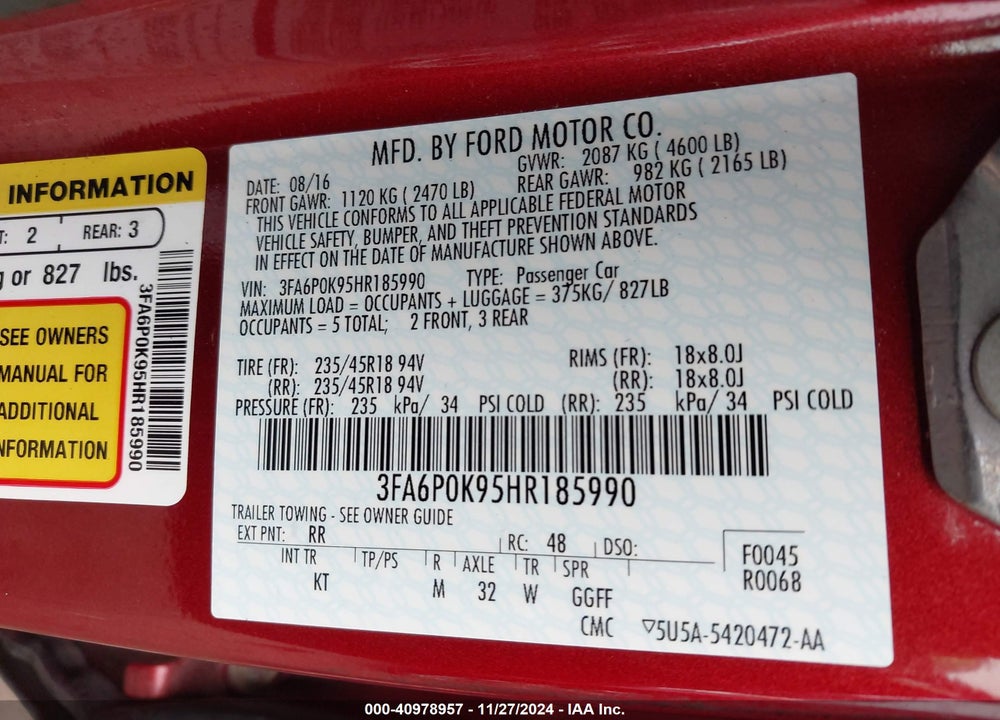 2017 FORD FUSION TITANIUM VIN: 3FA6P0K95HR185990