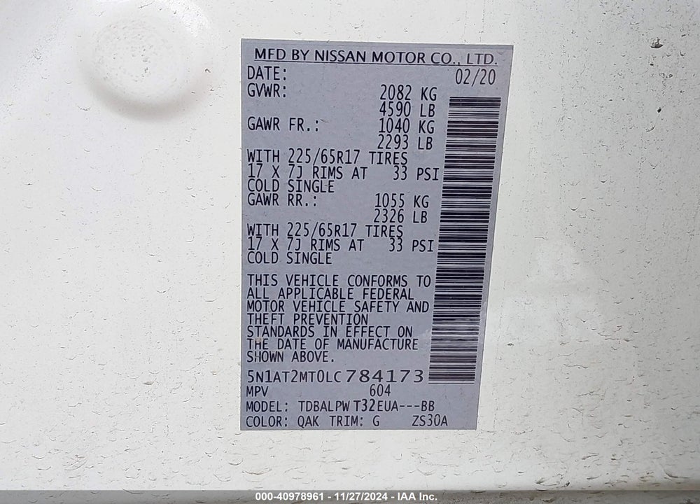 2020 NISSAN ROGUE S FWD VIN: 5N1AT2MT0LC784173