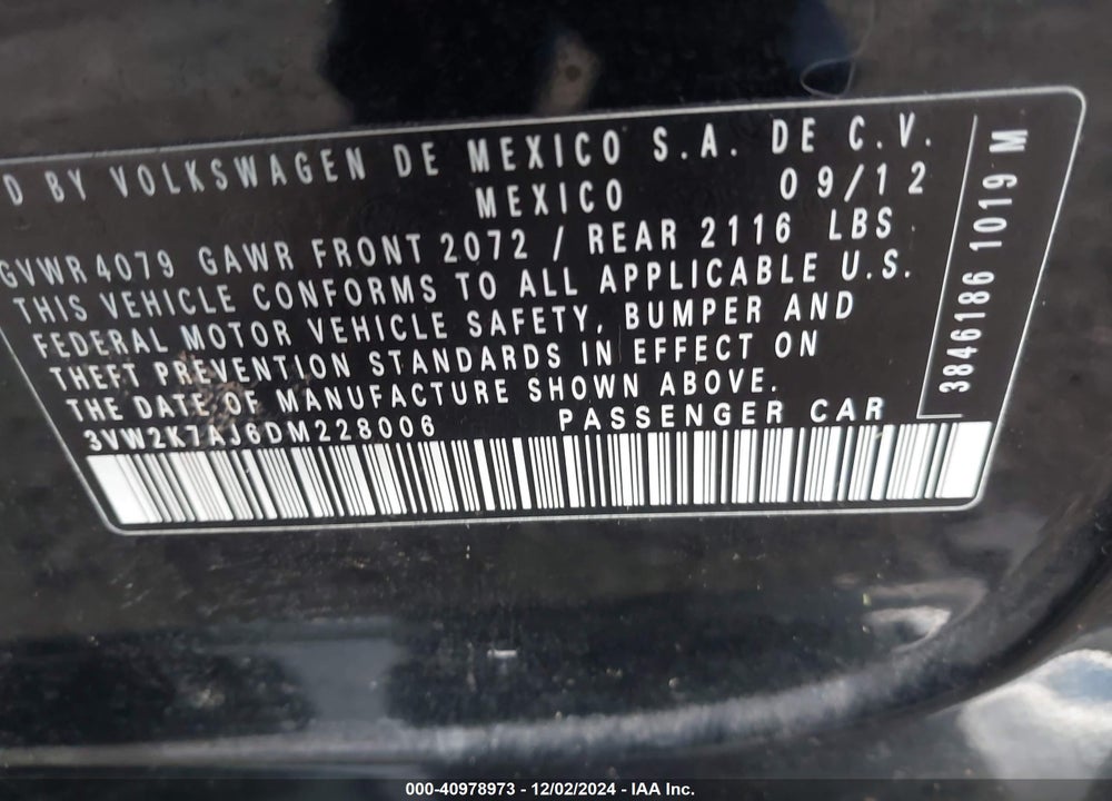 2013 VOLKSWAGEN JETTA 2.0L S VIN: 3VW2K7AJ6DM228006