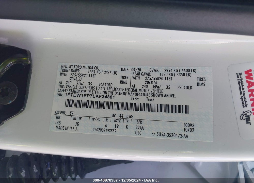 2020 FORD F150 VIN: 1FTEW1EP7LKF34881