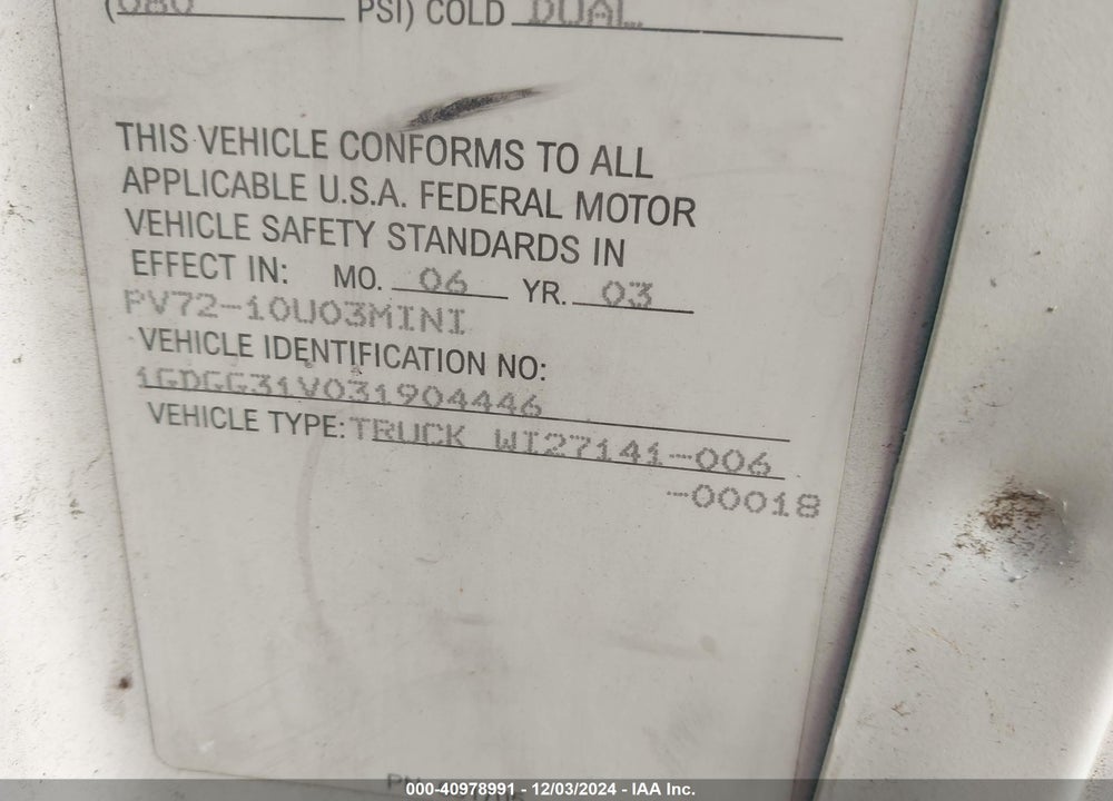 2003 GMC SAVANA CUTAWAY STANDARD VIN: 1GDGG31V031904446